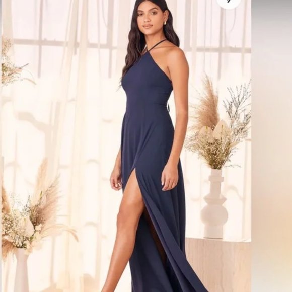 Lulu's NWT Magic in the Air Navy Blue Lace Up Maxi Dress MEDIUM - Picture 2 of 3